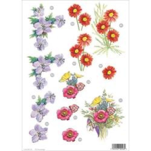 3D Die-Cut Decoupage Sheet 8.3"X11.69" - Flowers Star Flower, Red Daisy & Bouquet