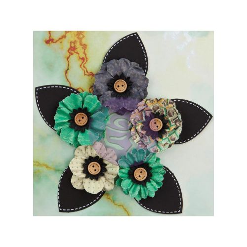 Prima Marketing Inc - Seashore - Fabric Flowers - Waves 3" W/Button & Leaf, 5/Pkg